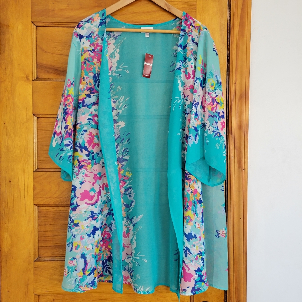NWT Avenue Chiffon Cardigan Womens 14/16 Teal Floral Open Front Lightweight